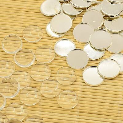 Brass Cabochons Settings and Flat Round Transparent Clear Glass Cabochons