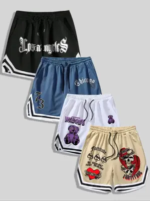 Men's Cartoon Bear & Letter Print Drawstring Waist Shorts, Regular Fit Casual Contrast Trim Pocket Straight Leg Shorts for Su...