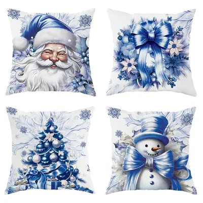 Christmas Themed Pillow Case, 4 Counts Santa Claus & Snowman Design Throw Pillow Cover without Filler, Home Decor Supplies fo...