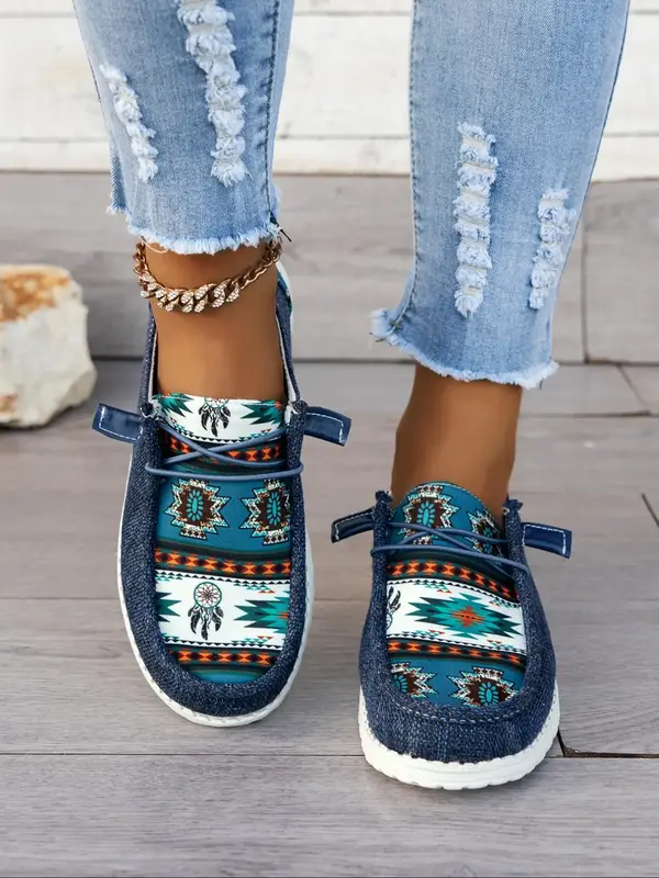 Women's Ethnic Pattern Slip on Sneakers, Casual Comfortable Low Top Designer Shoes for Daily Wear, Female All-match Round Toe...