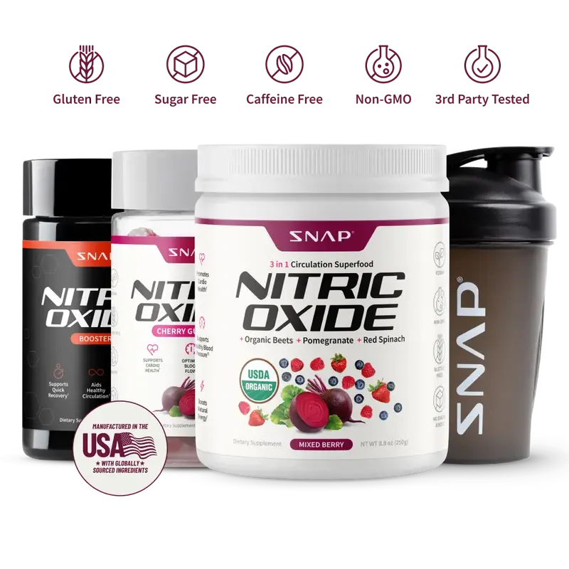 Snap Supplements - Berry Flavor Nitric Oxide Beets + Nitric Oxide Gummies + NO Booser 60ct + Free Shaker (14oz) - Natural Sup...