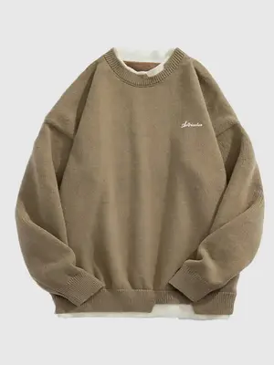 Unisex Men's Letter Print 2 in 1 Sweater, Loose Vintage Long Sleeve Crew Neck Jumper, Menswear Sweaters, Sweaters for Men, Me...