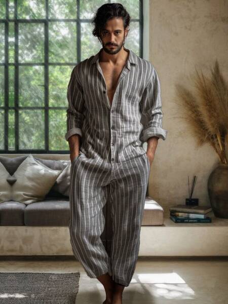 Casual Stripe Linen Blend Jumpsuit, Grey / M