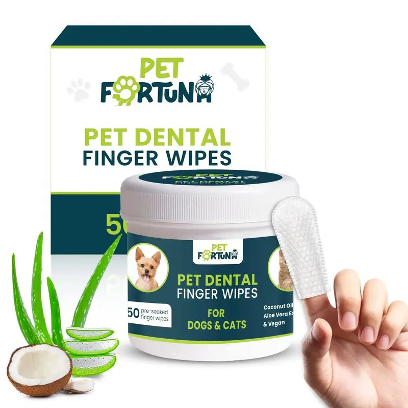 [Pet Fortuna] 50pc Pet Dental Teeth Cleaning Finger Wipes for Dogs & Cats, Removes Buildups & Freshens Breath, Disposable Cle...