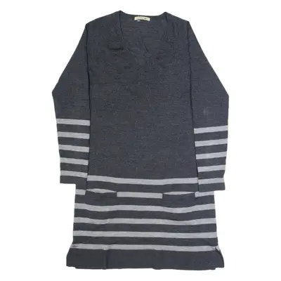 LACOSTE Womens Jumper Dress Grey Knit Wool Striped Long Sleeve Knee Length L
