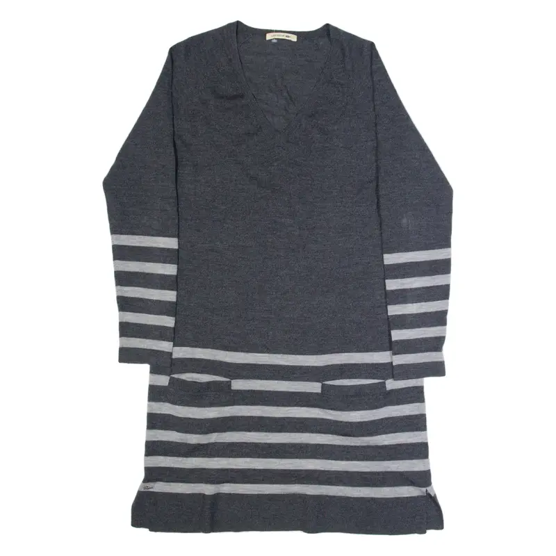 LACOSTE Womens Jumper Dress Grey Knit Wool Striped Long Sleeve Knee Length L
