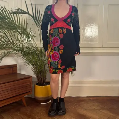 Desigual Floral Mini Dress - Medium Black Cotton