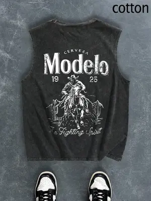 Men's Regular Fit Cartoon Cowboy & Letter Print Tank Top, Casual Comfy Breathable Sleeveless Top for Summer, Fashion Men's Cl...