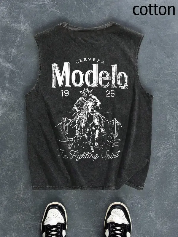 Men's Regular Fit Cartoon Cowboy & Letter Print Tank Top, Casual Comfy Breathable Sleeveless Top for Summer, Fashion Men's Cl...