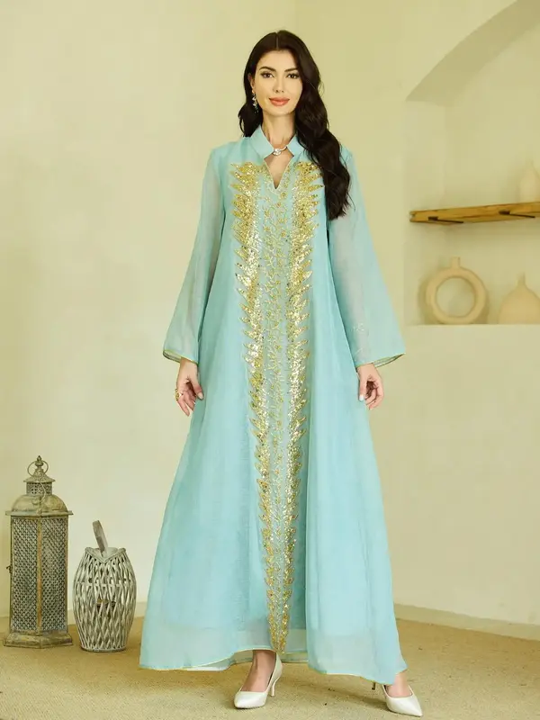 Women's Glitter Sequin Embroidery Long Sleeve Abaya, Elegant Open Front Maxi Muslim Dress for Party Wedding Guest, Ladies Isl...