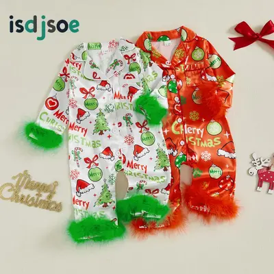 Baby Girl Christmas Pajamas Christmas Element Print Fur Trim Button Down Lapel V Neck Long Sleeve Romper