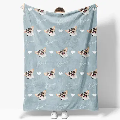 Repeated Dog Head Heart Name Blue Custom Pet Blanket - Aperturee