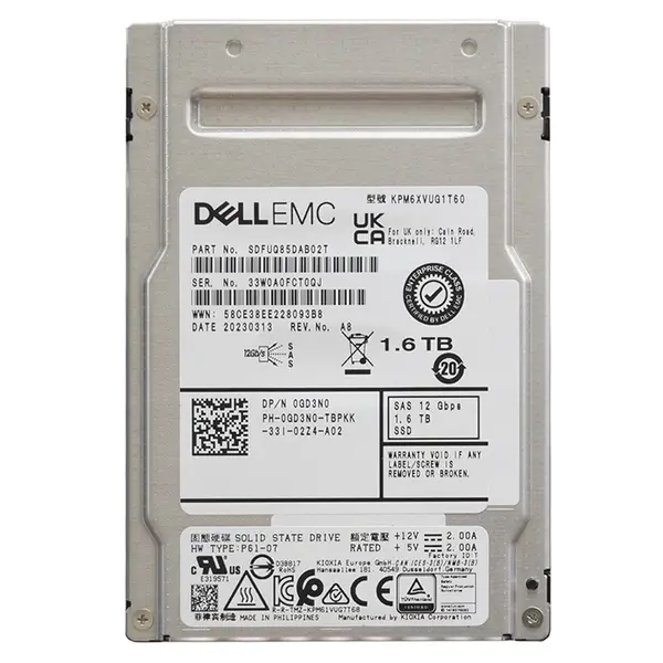 0GD3N0 Dell 1.6TB 2.5-inch 12GB/s SAS Triple-Level Cell Mixed-Use Hot-Pluggable Solid State Drive for PowerEdge G14 - G16 Ser...