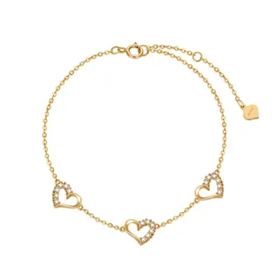 14K Gold Cubic Zirconia Heart With Heart Charm Bracelet For Women