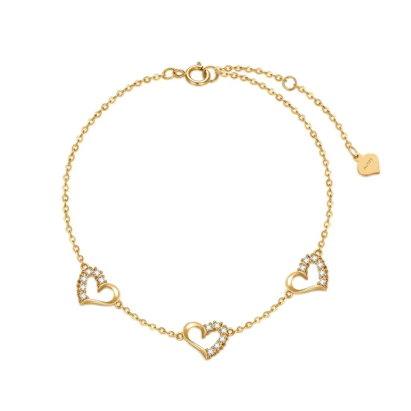 14K Gold Cubic Zirconia Heart With Heart Charm Bracelet For Women