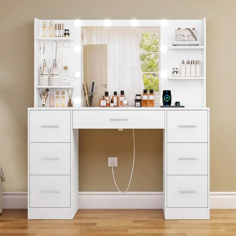 Yothand Large Vanity Desk with Mirror & Lights, Makeup Vanity with 6 Large Drawers & Charging Station, 4 Open Storage Shelves...