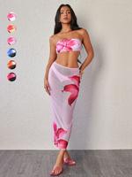 Women's Floral Print Bandeau Bikini Set, Casual Sleeveless Swimwear Top & Swim Bottom & Cover Up Skirt Set, Ladies Swimsuit...