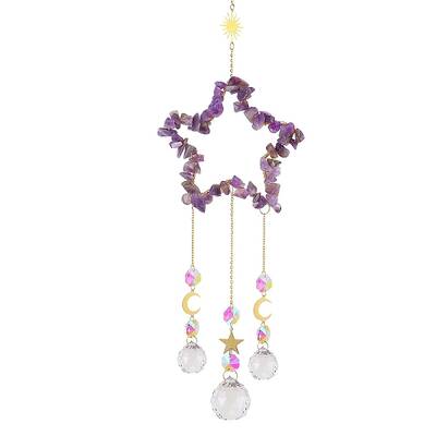 Natural Amethyst Chip Wrapped Metal Star Hanging Ornaments