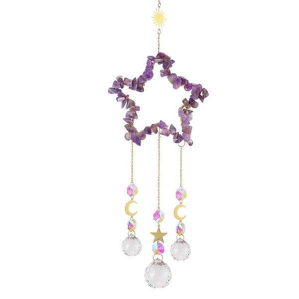 Natural Amethyst Chip Wrapped Metal Star Hanging Ornaments