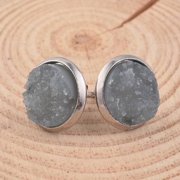 Flat Round 304 Stainless Steel Druzy Resin Ear Studs