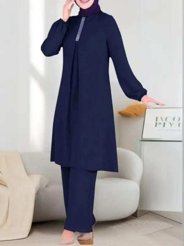 Women's Fashion Plain Long Sleeve Top and Wide Leg Pants Set, Loose Fit Casual for All Seasons, Elegant Arabic Clothing