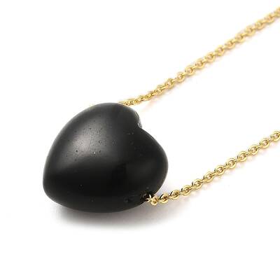 Natural Obsidian Heart Pendant Necklace with Golden Alloy Cable Chains