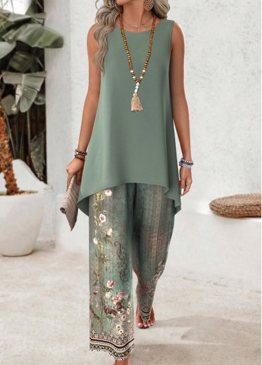 Modlily Sage Green Tribal Print Long Sleeveless Top and Pants - S