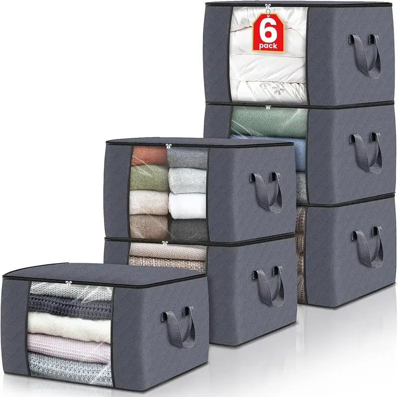 Grey 6-piece clothing storage bag with foldable thick cloth blanket for organizing clothing storage Organiser Cabinet Bedding...