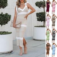Goranbon Womens Summer Midi Bodycon Sweater Dress Sexy V Neck Tie Shoulder Striped Knit Side Slit Sleeveless Tank Dresses