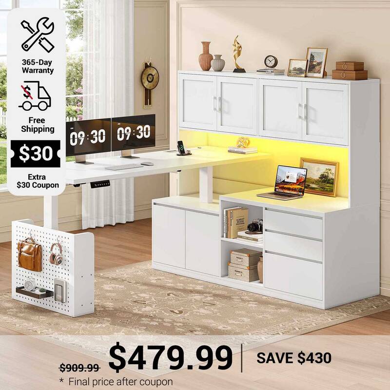 SEDETA | 55.1 Inch Adjustable Height Standing Desk with 3 Drawers Power Outlet L Shaped Electric Standing Desk with Hutch Sto...