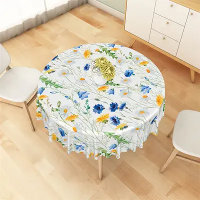 Blue Yellow Floral Greenery Spring Round Tablecloth - Aperturee