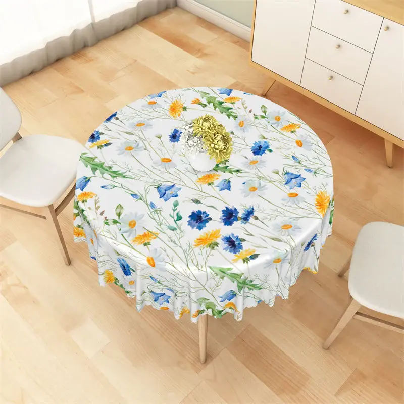 Blue Yellow Floral Greenery Spring Round Tablecloth - Aperturee