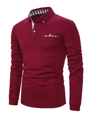 Men's Regular Fit Business Solid Polo Shirt, Long Sleeve Button Collar Top, Casual Comfy Top for Spring & Fall