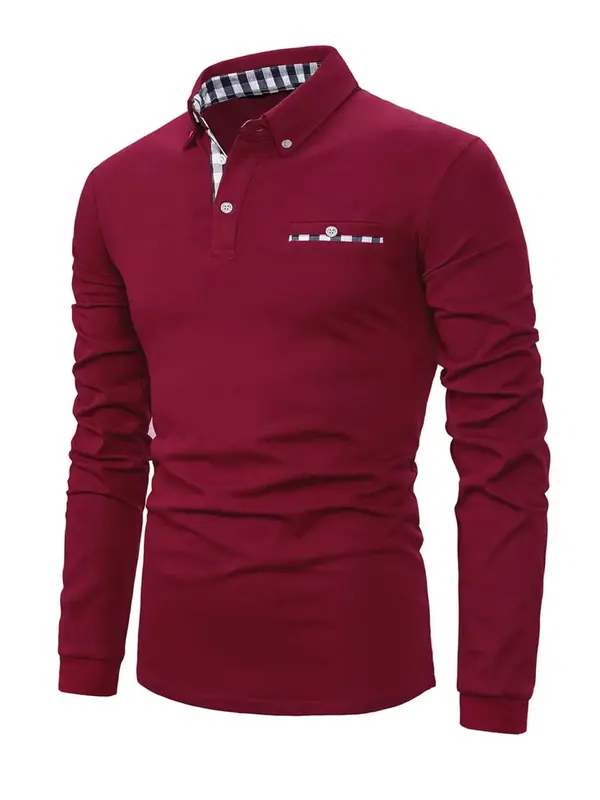 Men's Regular Fit Business Solid Polo Shirt, Long Sleeve Button Collar Top, Casual Comfy Top for Spring & Fall