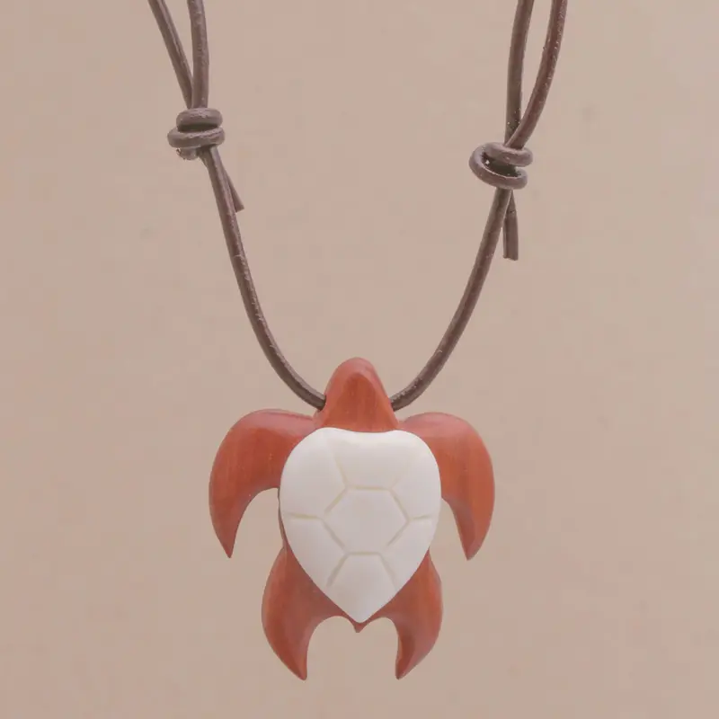 NOVICA Cow Bone & Wood Turtle Pendant Necklace