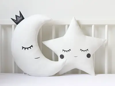 Set of 2 White Pillows - Crescent Moon and Star Pillows with Black Glitter Touch