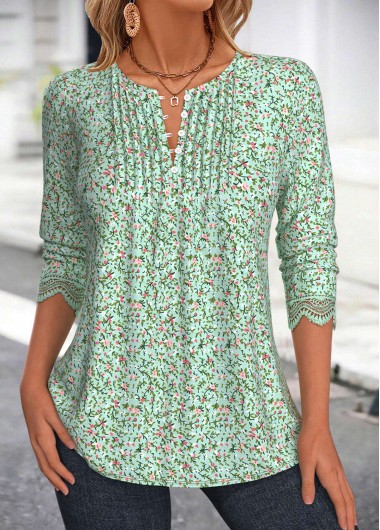 Modlily Grass Green Ditsy Floral Print Long Sleeve Blouse - M