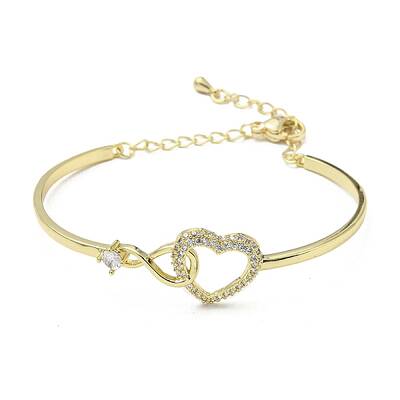 Infinity Heart Brass with Clear Cubic Zirconia Cuff Bangle with Safety Chains