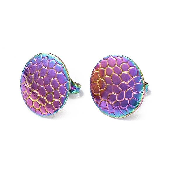 Ion Plating(IP) 304 Stainless Steel Textured Flat Round Stud Earrings for Women