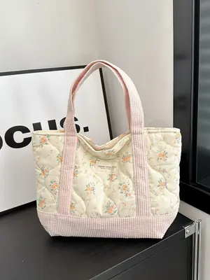 Ditsy Floral Pattern Tote Bag, Large Capacity Quilted Bag for Women, Casual Trendy Versatile Commuting Bag for Girlfriend, Gi...