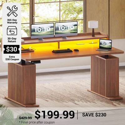 SEDETA 55 Inch Fluted Electric Standing Desk Ergonomic Height Adjustable Desk with Storage Power Outlets LED Lights Rustic Br...