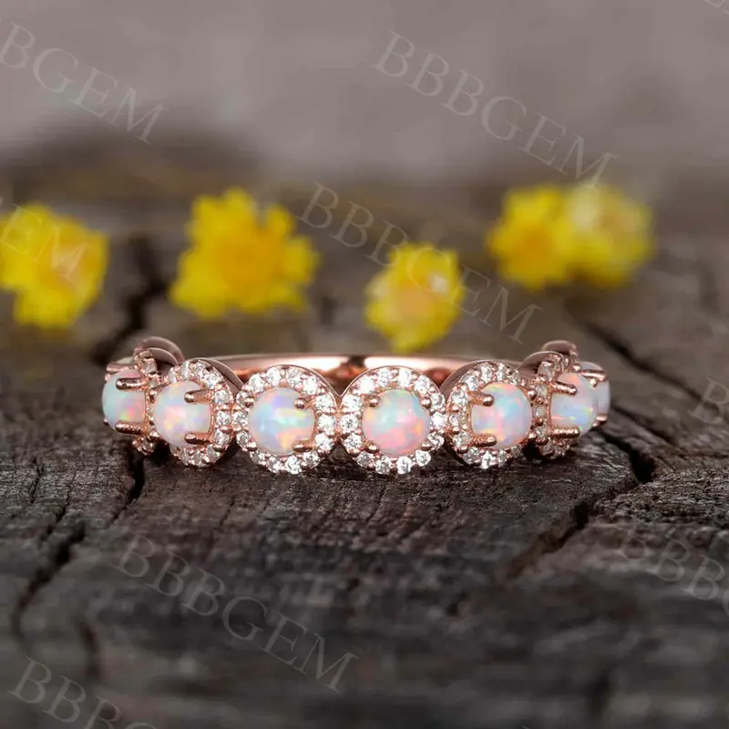 8 Pieces Opal Diamond Halo Wedding Band Statement Ring Pink Gold 14K/18K