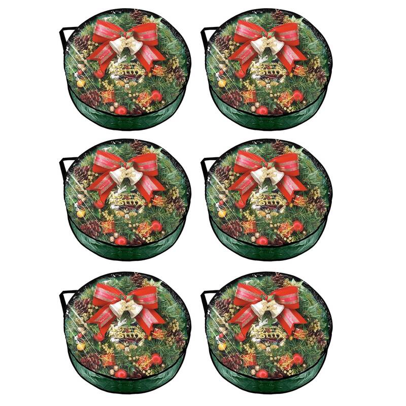 Garvee 6 Pack Christmas Wreath Storage Bags Clear Window Heavy-Duty PE PVC Handles Zippers Green Red Holiday Decor Organizer