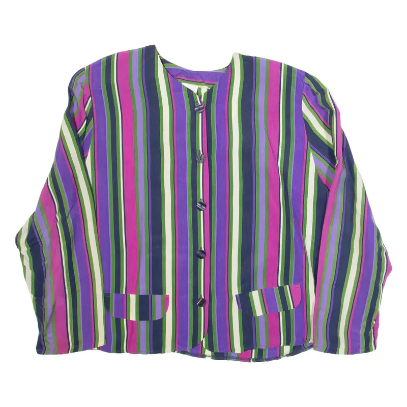ELTON Shoulder Padded Womens Printed Blouse Purple V-Neck Silk Striped M