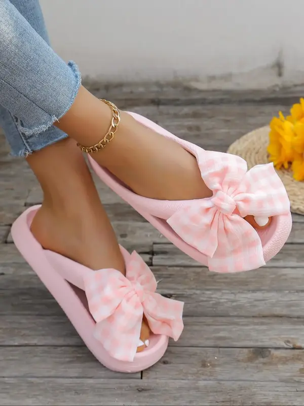 Women's Cute Plaid Bowknot Design Slippers, 1 Pair Casual Soft Comfortable Home Slippers, Non-slip Slippers for Indoor & Outd...
