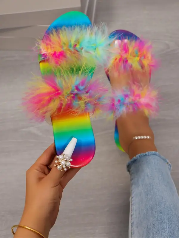 Women's Cute Colorful Fluffy Slip on Sandals, 2024 Fashionable Summer New Casual Trendy Flat Sandals, Fashionable Shoes for I...