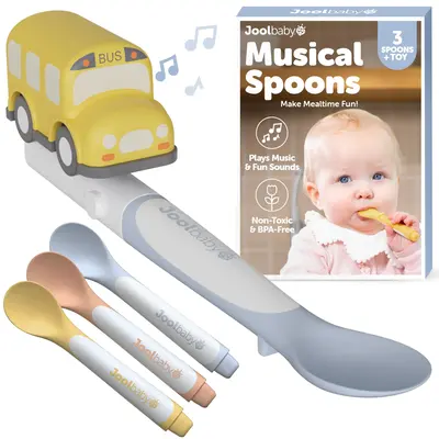 Jool Baby Musical Spoons with Toy - 3 Spoons & School Bus with Interactive Sound Effects - Durable Tableware for Baby's First...