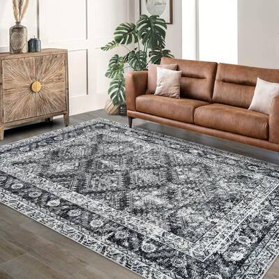 Garvee 8'x10' Washable Area Rugs Vintage Boho for Living Room Office Kids Room Durable Low Pile Non-Slip Gray