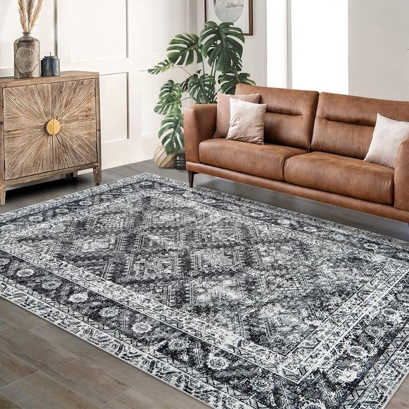 Garvee 8'x10' Washable Area Rugs Vintage Boho for Living Room Office Kids Room Durable Low Pile Non-Slip Gray