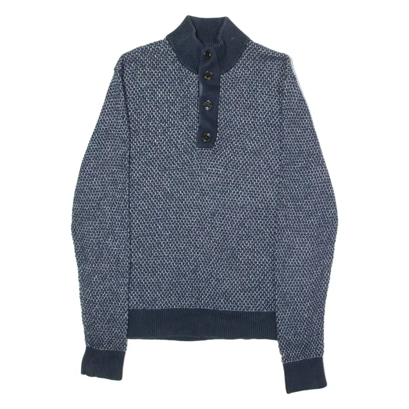 TOMMY HILFIGER Mens Jumper Blue Button Neck Waffle Knit XL